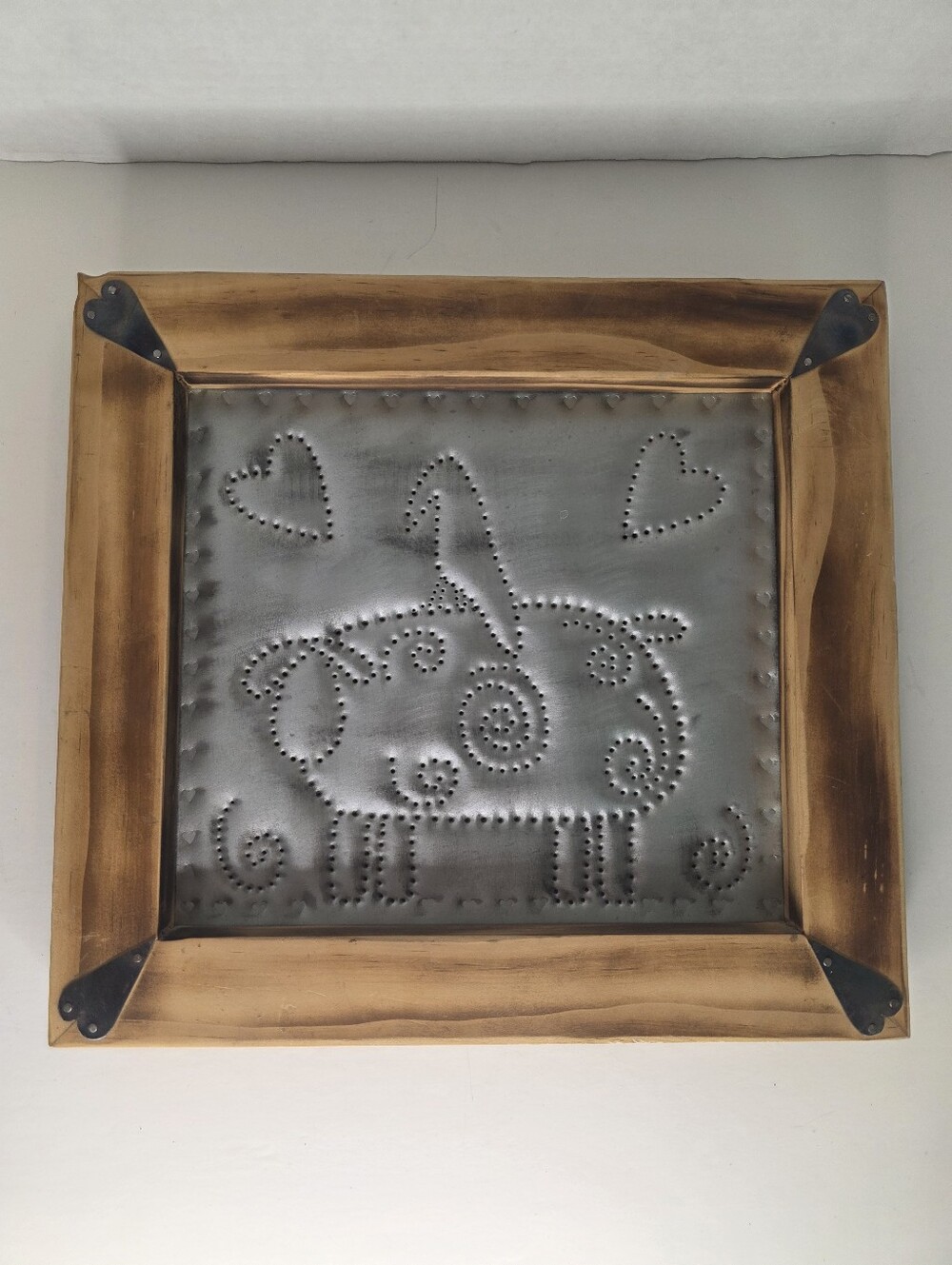 Punched Tin Sheep Wall Art in Wood Frame Heart Corners
